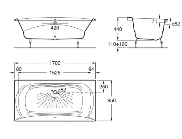 Ванна чугунная 170x85 Roca Akira 23257000R, с ножками и ручкой