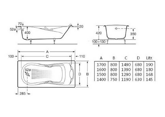 Ванна чугунная 170х80 Roca Haiti 23277000R, с ножками и ручками
