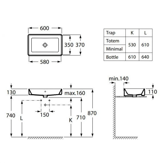 Умывальник накладной Roca Gap Square 60X37, 3270Y2000