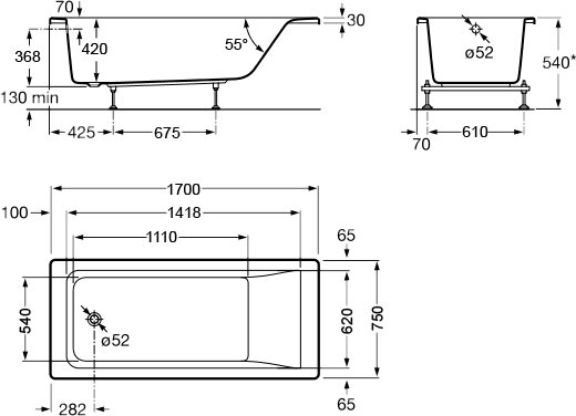 Акриловая ванна 170x75 Roca Hall ZRU9302768